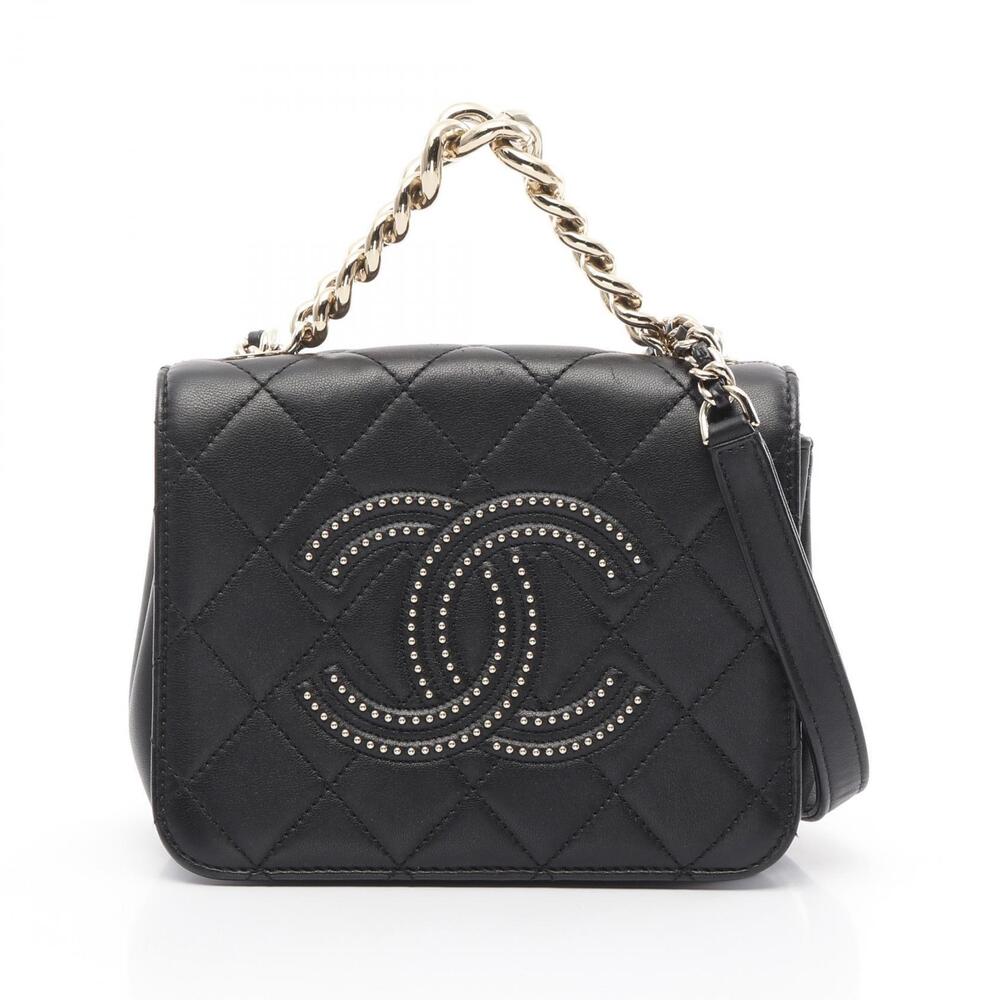 Chanel Matelasse Studded Coco Mark Shoulder Bag Lambskin Sheepskin Black